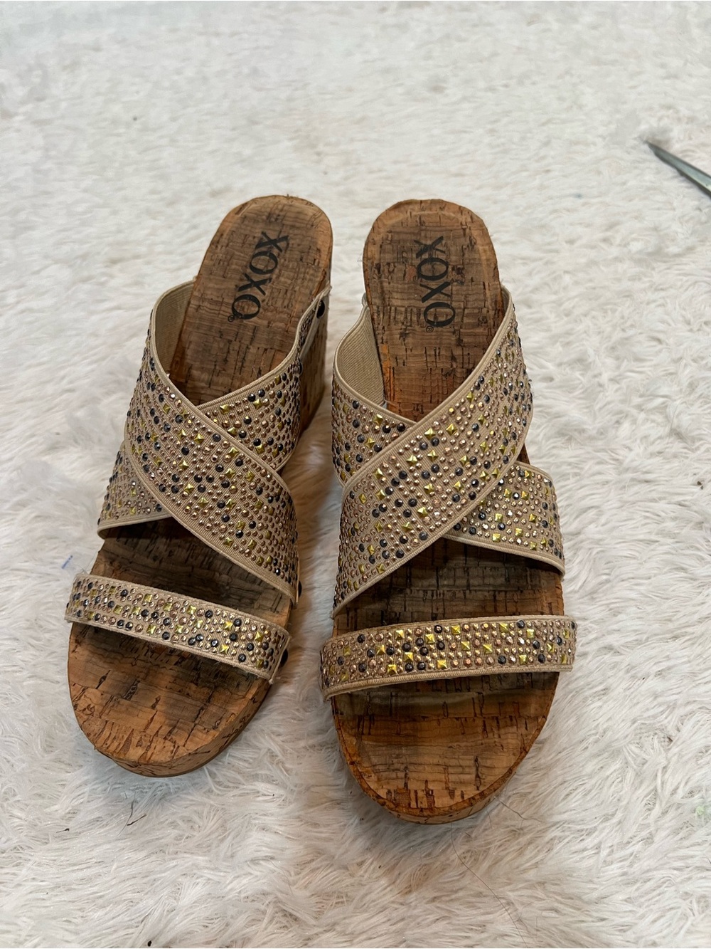 XOXO Beige Crystal-Embellished Cork Slide Mules
